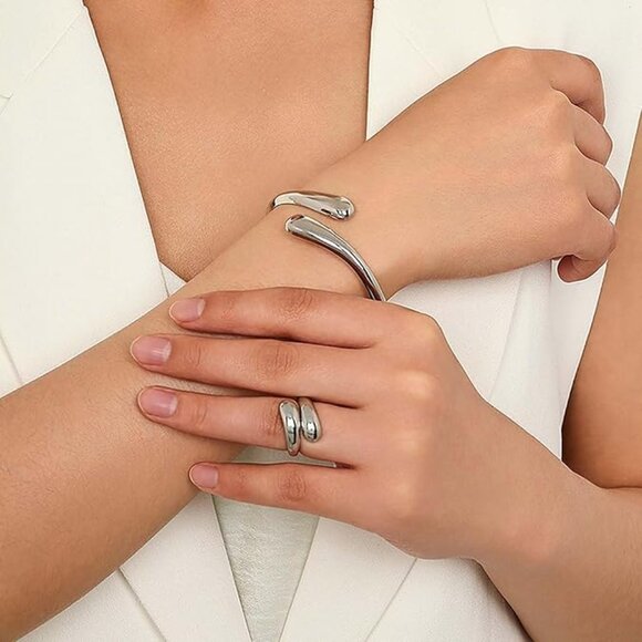 Silver Bangle Bracelets for Women and Teens Adjustable Chunky Twist Cuff - Picture 6 of 6